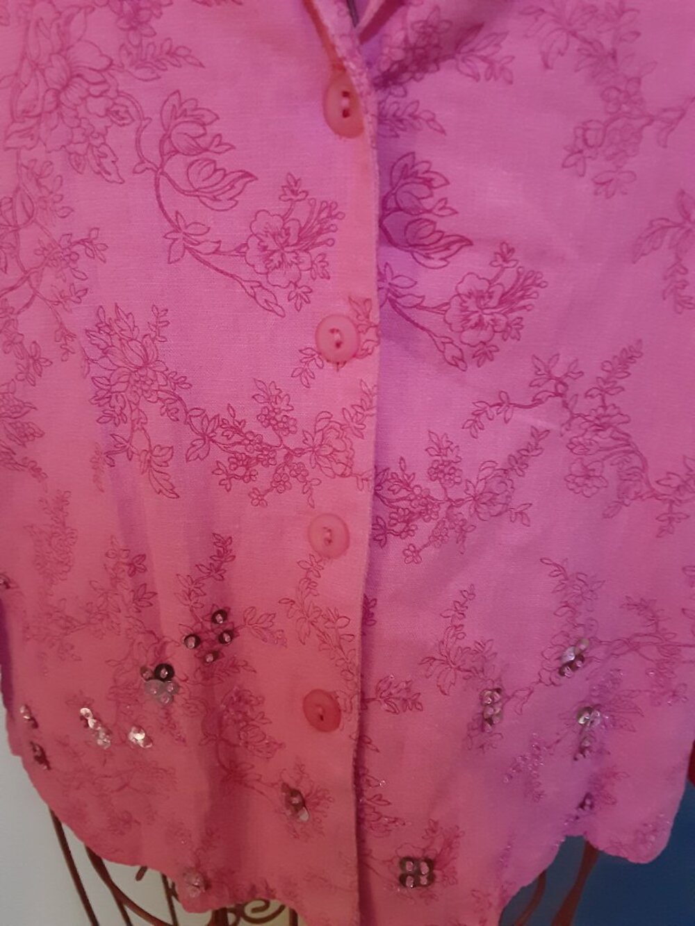 Sag Harbor SZ 6P Pink Floral Embroidered sequin Button up blouse Petite - Picture 8 of 12